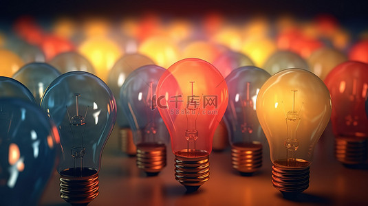照亮灵感单个灯泡在人群中闪耀，代表 3D 渲染中的创造力创新和独特想法