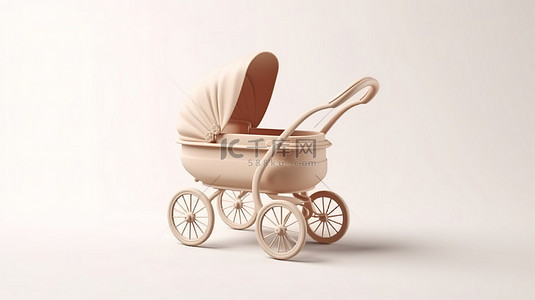 白色背景上现代婴儿车婴儿车和婴儿车的粘土风格 3D 渲染