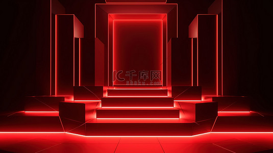 白色霓虹灯照亮 3D 渲染中的红色几何讲台