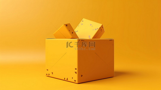 令人惊叹的纸板包裹盒 3d 渲染在充满活力的黄色背景上满足包装需求