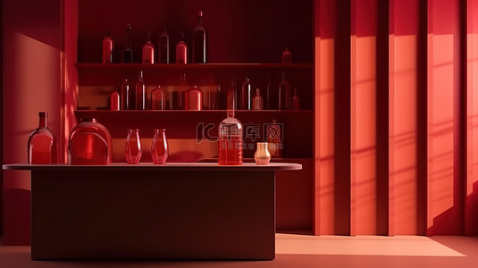 1 带有窗影背景的红色调产品展示栏用于产品展览的 3D 渲染展示柜