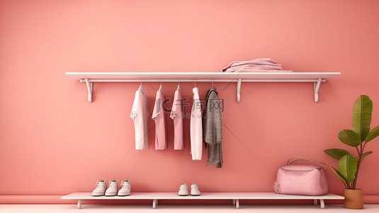 垃圾架子与衣服反对柔和的粉红色珊瑚背景 3d 渲染