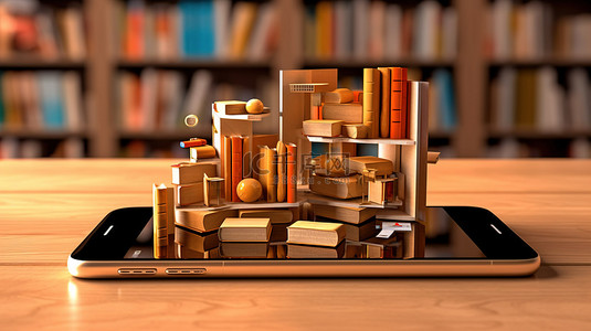 教育手机背景图片_数字时代的电子学习 手机和书架上书籍的 3D 渲染
