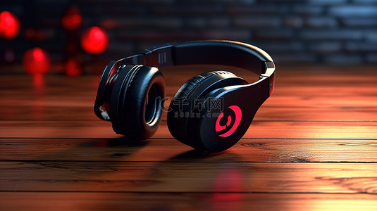 音乐心形背景图片_3D 渲染的木桌上的音乐之爱红心和黑色无线耳机