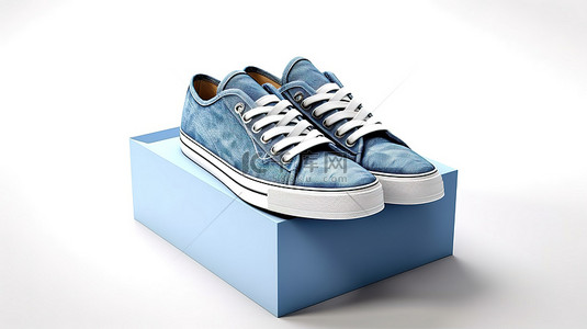 新设计的蓝色牛仔运动鞋，没有品牌，放置在白色鞋盒上，以 3D 渲染的白色背景为背景