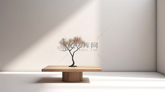 简洁墙背景图片_简洁体现了一张光滑的木桌，靠在白色瓷砖墙上，树影突出，令人惊叹的产品展示令人惊叹的 3D 插图