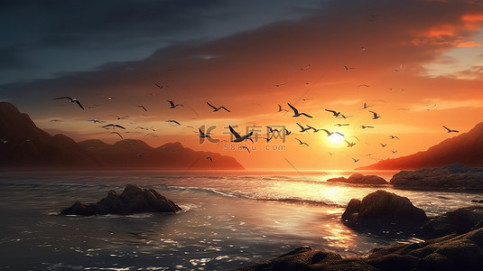 火山插图背景图片_令人惊叹的日落和飞鸟反映在火山海岸线上 3D 景观插图