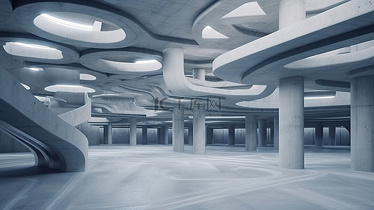 具有未来派抽象混凝土建筑和 3D 渲染停车场的空水泥地板