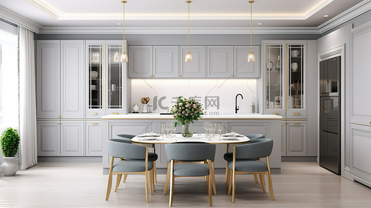 厨房柜背景背景图片_餐厅模型中豪华灰色餐桌和厨柜的 3D 渲染