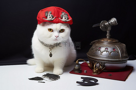 桌子上有一只猫背景图片_钩子上方桌子上有一只看起来像海盗的白猫