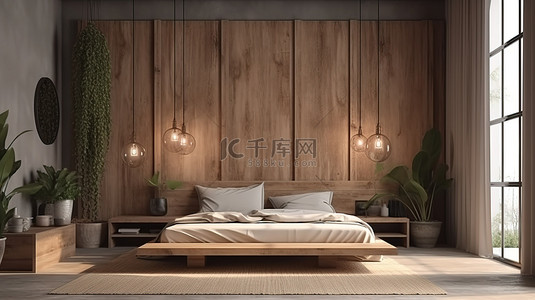 室内背景渲染图背景图片_带有木质装饰的乡村风格卧室室内模型 3d 渲染图