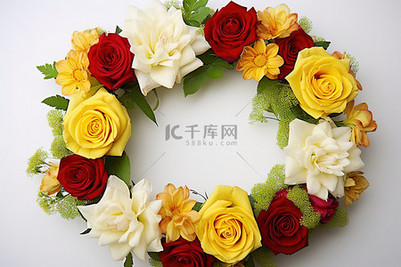 一个由黄色和黄色的花朵和一朵黄玫瑰组成的花环