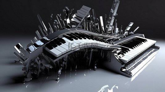 音符背景图片_乐谱和变形钢琴键的雕刻 3D 插图