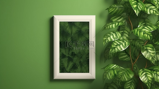 绿色墙壁上的免费复制空间垂直相框非常适合植物主题海报模板3D 渲染