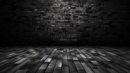 地砖墙背景图片_砖墙背景与黑色木地板的 3D 渲染