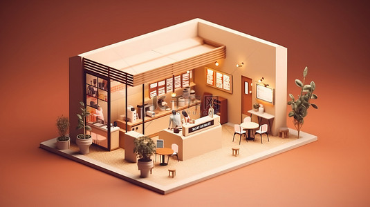 咖啡简餐背景图片_极简主义咖啡馆店，拥有开放式内部等距视图，可欣赏 3D 渲染数字艺术