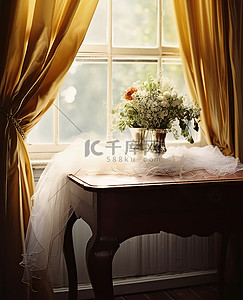 桌面上有婚礼花束在窗口