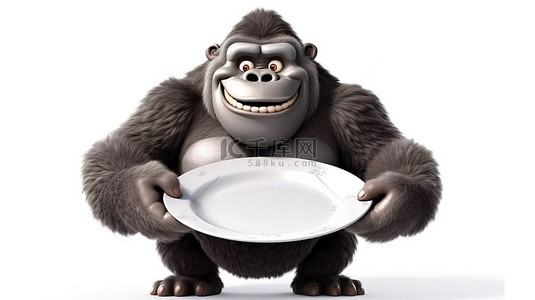一个搞笑的 3D 大猩猩形象，手里拿着一个盘子