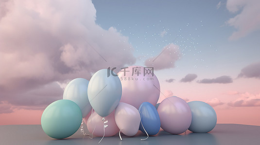 柔和的梦想 3d 渲染天空与气球星星和云