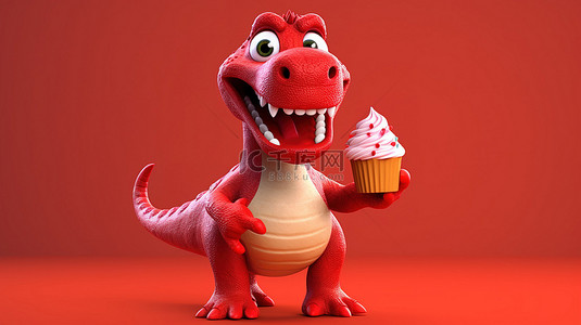 搞笑的 3D 红色恐龙拿着美味的纸杯蛋糕