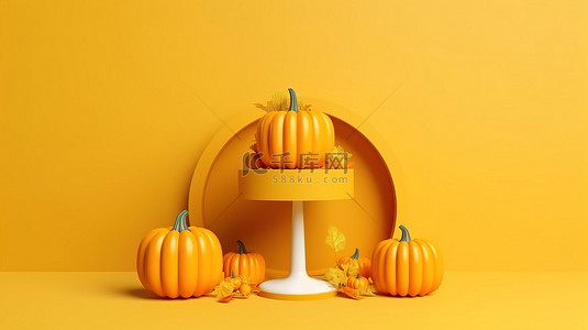 霓虹黄色 3D 南瓜主题讲台架的顶视图平躺，用于秋季和万圣节产品展示