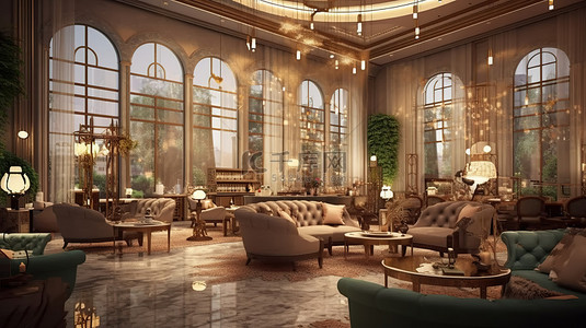 体验五星级豪华酒店华丽的休息区，以 3D 渲染捕捉令人惊叹的室内设计