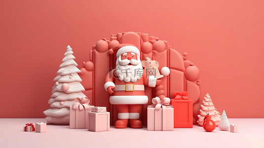 卡通金色背景背景图片_圣诞老人圣诞树和礼物横幅的节日 3D 插图