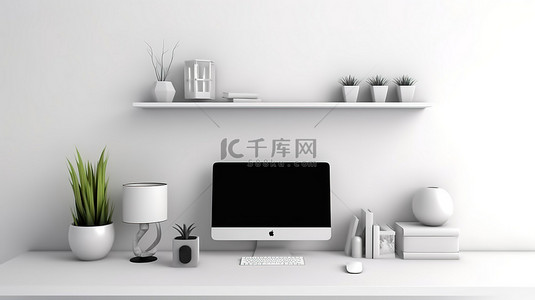 电脑办公桌面背景图片_现代风格的房间，配有办公配件和装饰，在白桌上的 3D 显示器模型中呈现