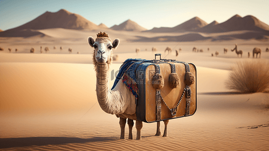 沙漠创意背景背景图片_沙漠骆驼行李箱创意背景