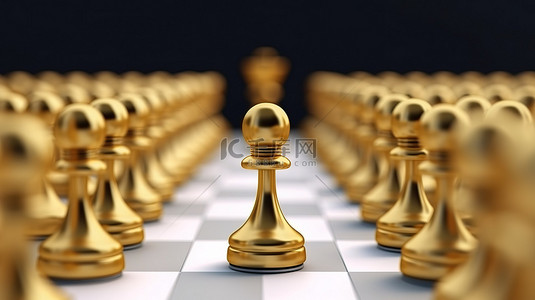 在迷人的 3D 图像中，一个著名的金色棋子出现在一大群白色棋子中