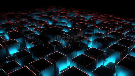 图案背景上抽象 3D 渲染中的霓虹边黑色立方体