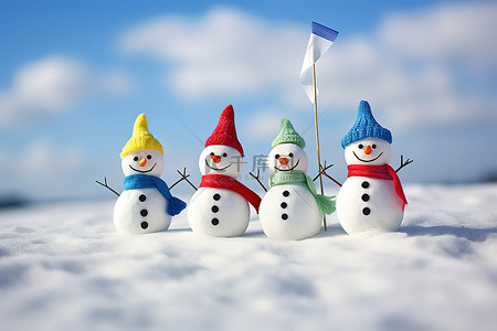 摇滚旗帜背景图片_背景雪地上有五个雪人，背后有旗帜