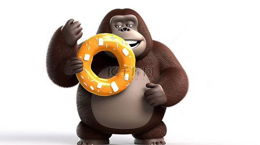 搞笑的 3D 肥胖大猩猩，手里拿着一个标志和一个甜甜圈