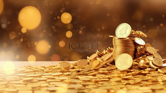 财富主题背景图片_金色背景的 3D 渲染与货币符号和投资主题的财富创造