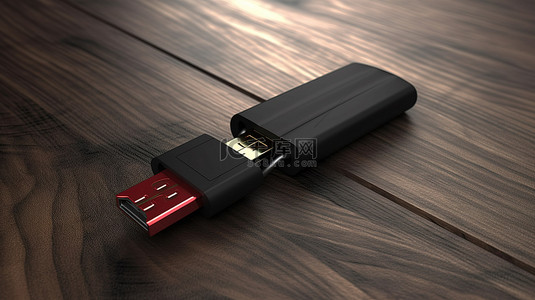 揭开黑色木质表面 3D 渲染顶部的 USB 驱动器的面纱