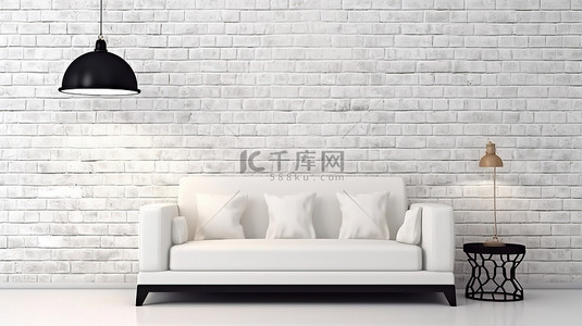 墙壁沙发背景图片_古色古香的布艺沙发，布被灯照亮，贴着 3d 的白砖墙