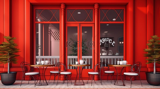 红色背景食品背景图片_古典风格的户外咖啡店，具有 3D 渲染的充满活力的红色背景