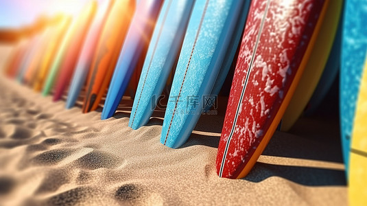 站立式冲浪板背景图片_充满活力的冲浪板，在 3D 渲染中近距离个性化地享受有趣的海滩日