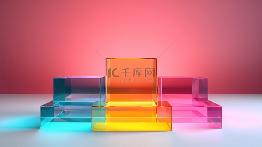 彩色多色背景图片_充满活力的玻璃讲台 3D 渲染多色广告横幅架，具有简约的抽象几何形状