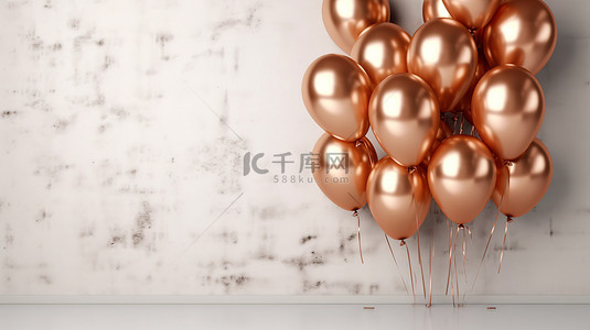 儿童节晚会展板背景图片_铜气球簇靠在米色墙上水平横幅 3d 渲染