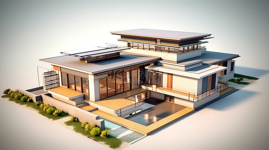 现代房屋建筑 3D 插图和设计计划