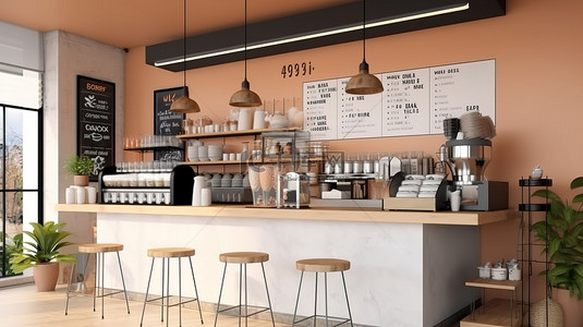 菜单背景图片_咖啡店酒吧建筑设计的 3D 插图，配有菜单模型和横幅显示