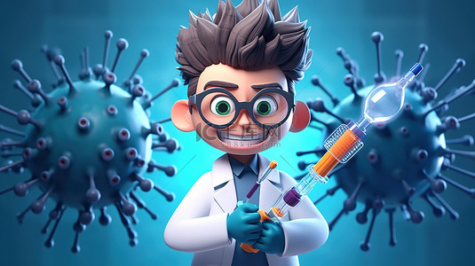 卡通医生人物拿着一个带有病毒疫苗的大注射器，在 3D 渲染图像中