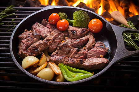烤牛肉背景图片_一个带烤架的平底锅，一些牛排和蔬菜