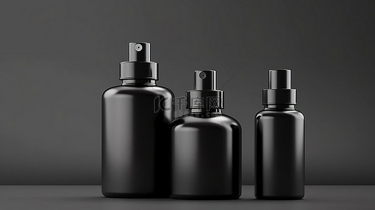 3D 渲染的光滑化妆品瓶管和罐容器的模型模板，反射表面上有黑色饰面和空白标签
