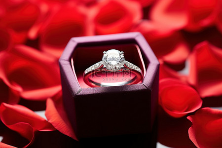 戒指戒指背景图片_美丽的红玫瑰花瓣钻石订婚戒指