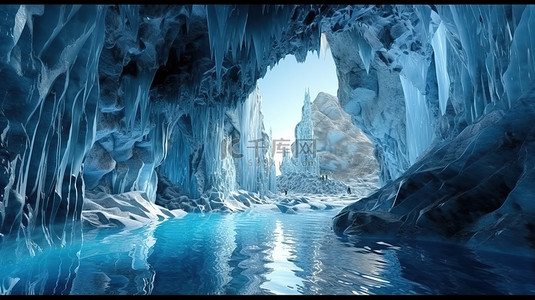 清澈河水背景图片_冰冻的洞穴，带有水晶般清澈的蓝色 3d 水流