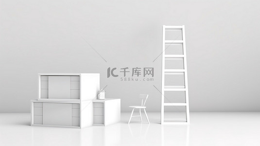 上墙标准背景图片_超出白色背景上带有盒子的梯子的标准 3D 渲染