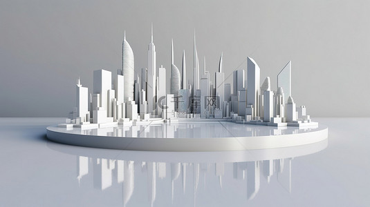 镜像背景增强了白色城市景观的 3D 渲染