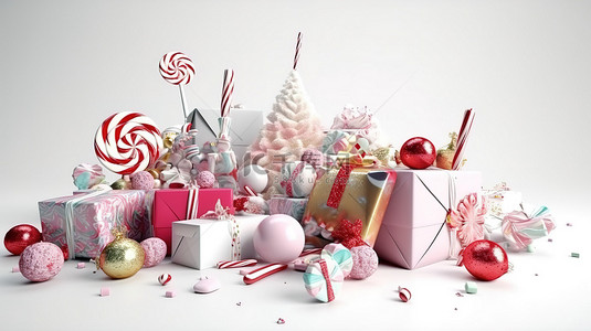 圣诞雪雪花背景图片_白色表面喜庆地装饰着 3D 渲染的圣诞礼品盒雪花糖果铃和球